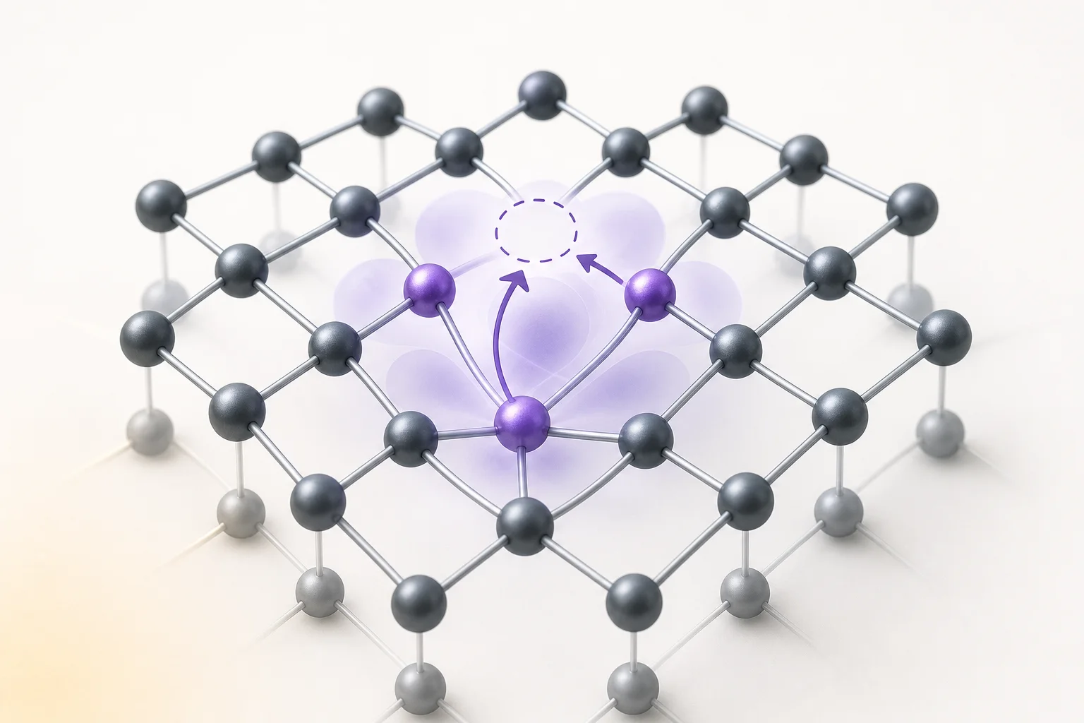 Atomistic crystal lattice with a highlighted spin-active defect and migration pathways
